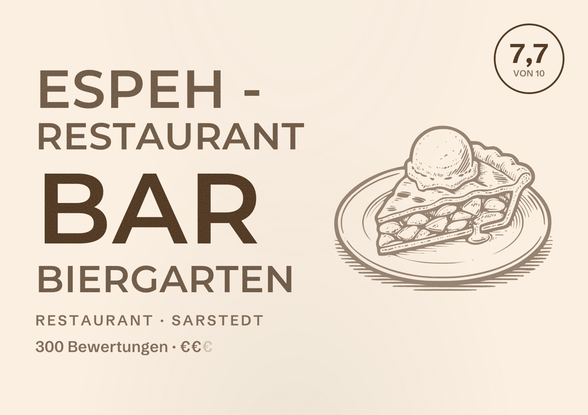 Illustriertes Poster von ESPEH - Restaurant Bar Biergarten, Restaurant in Sarstedt: Bewertung 7,7 von 10 aus 300 Bewertungen, Preisniveau €€