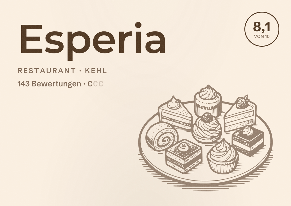 Illustriertes Poster von Esperia, Restaurant in Kehl: Bewertung 8,1 von 10 aus 143 Bewertungen, Preisniveau €