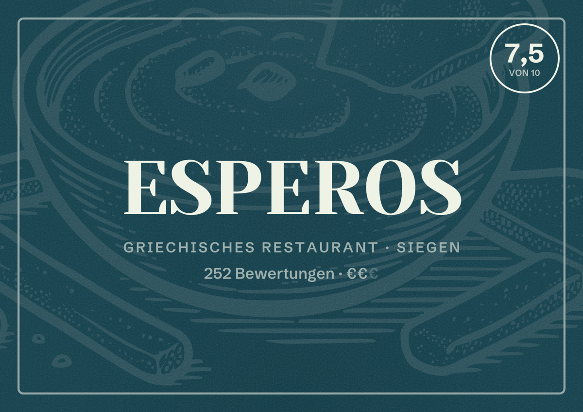 Illustriertes Poster von ESPEROS, Griechisches Restaurant in Siegen: Bewertung 7,5 von 10 aus 252 Bewertungen, Preisniveau €€
