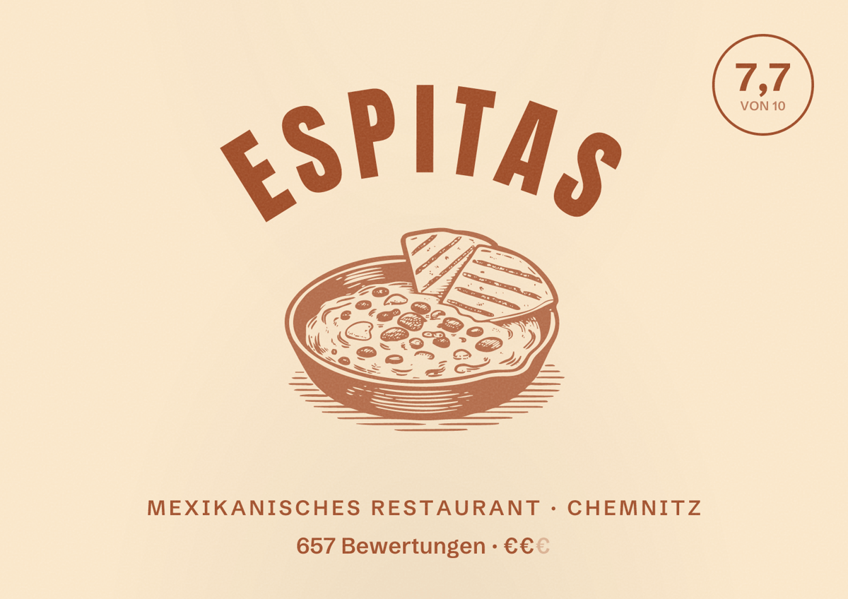 Illustriertes Poster von ESPITAS, Mexikanisches Restaurant in Chemnitz: Bewertung 7,7 von 10 aus 657 Bewertungen, Preisniveau €€