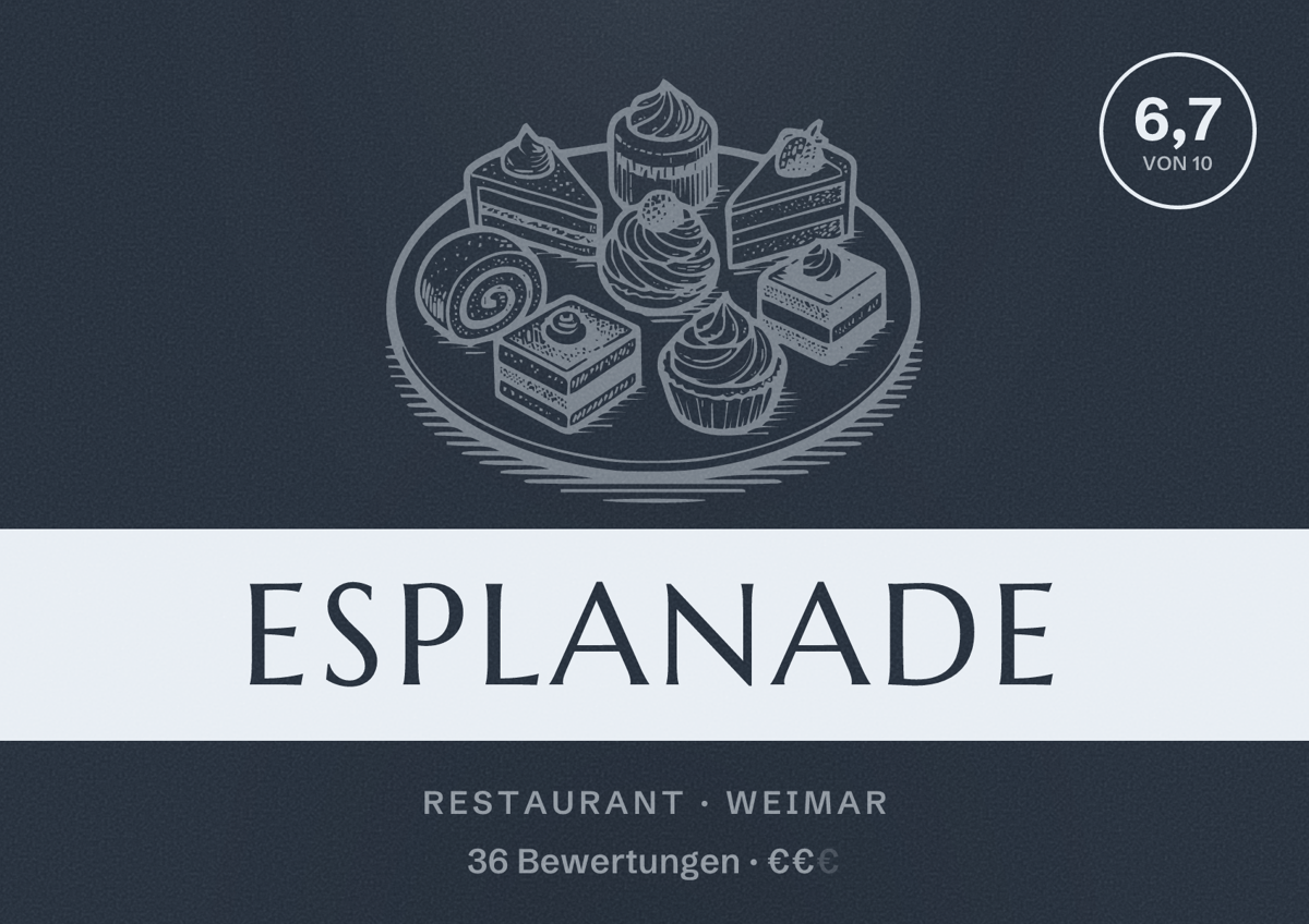 Illustriertes Poster von Esplanade, Restaurant in Weimar: Bewertung 6,7 von 10 aus 36 Bewertungen, Preisniveau €€