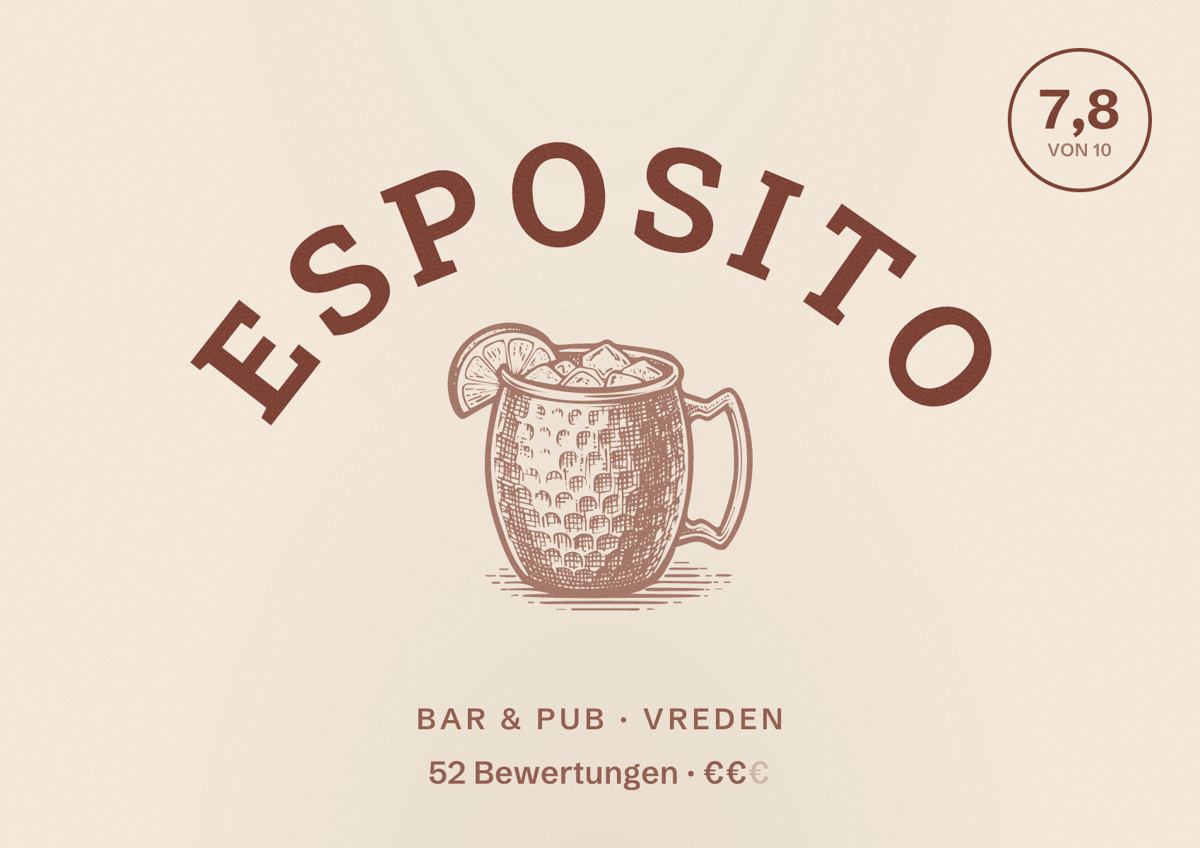 Illustriertes Poster von Esposito, Bar & Pub in Vreden: Bewertung 7,8 von 10 aus 52 Bewertungen, Preisniveau €€