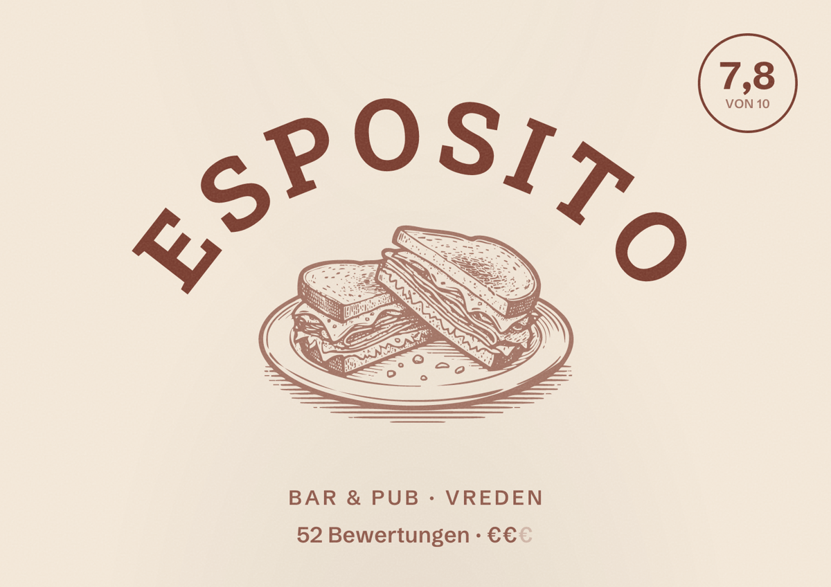 Illustriertes Poster von Esposito, Bar & Pub in Vreden: Bewertung 7,8 von 10 aus 52 Bewertungen, Preisniveau €€
