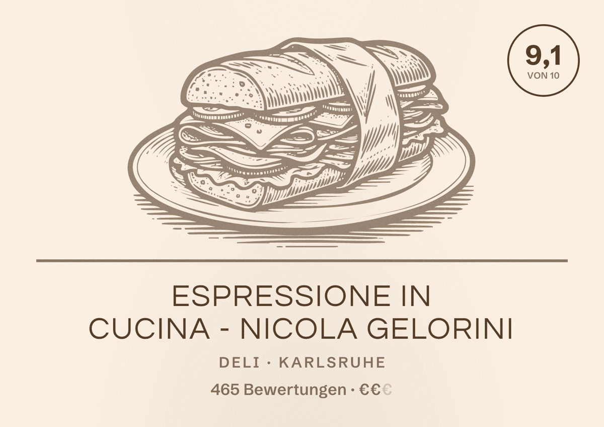 Illustriertes Poster von espressione in cucina - Nicola Gelorini, Deli in Karlsruhe: Bewertung 9,1 von 10 aus 465 Bewertungen, Preisniveau €€