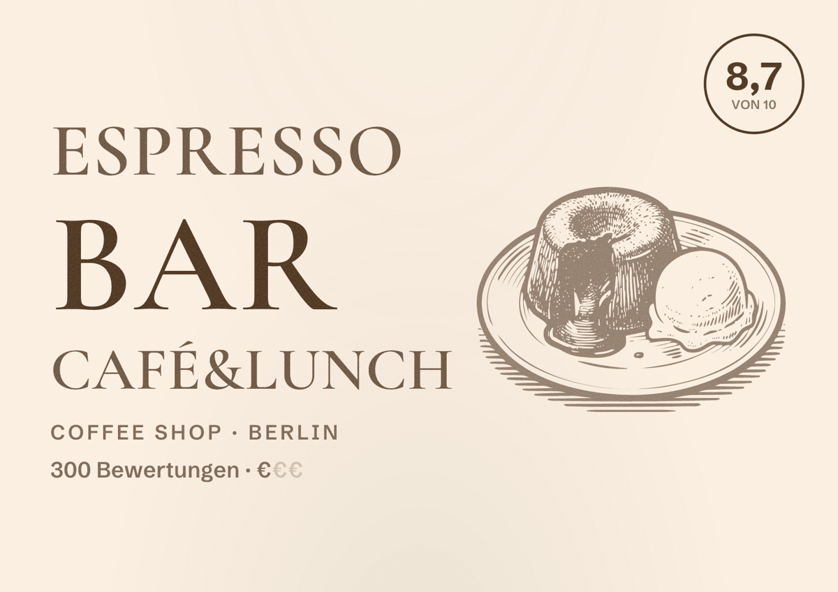 Illustriertes Poster von Espresso Bar Café&Lunch, Coffee Shop in Berlin: Bewertung 8,7 von 10 aus 300 Bewertungen, Preisniveau €