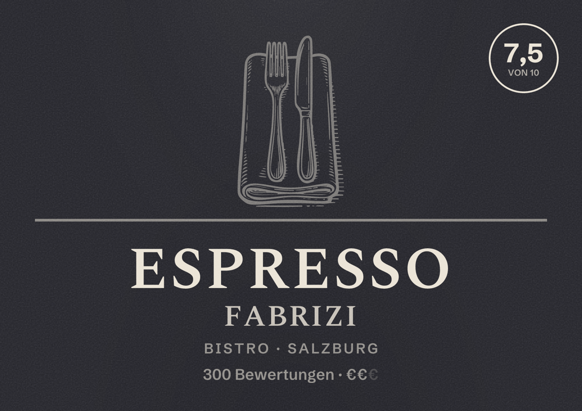 Illustriertes Poster von Espresso Fabrizi, Bistro in Salzburg: Bewertung 7,5 von 10 aus 300 Bewertungen, Preisniveau €€
