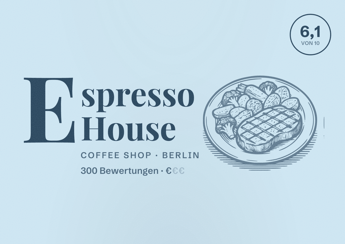 Illustriertes Poster von Espresso House, Coffee Shop in Berlin: Bewertung 6,1 von 10 aus 300 Bewertungen, Preisniveau €