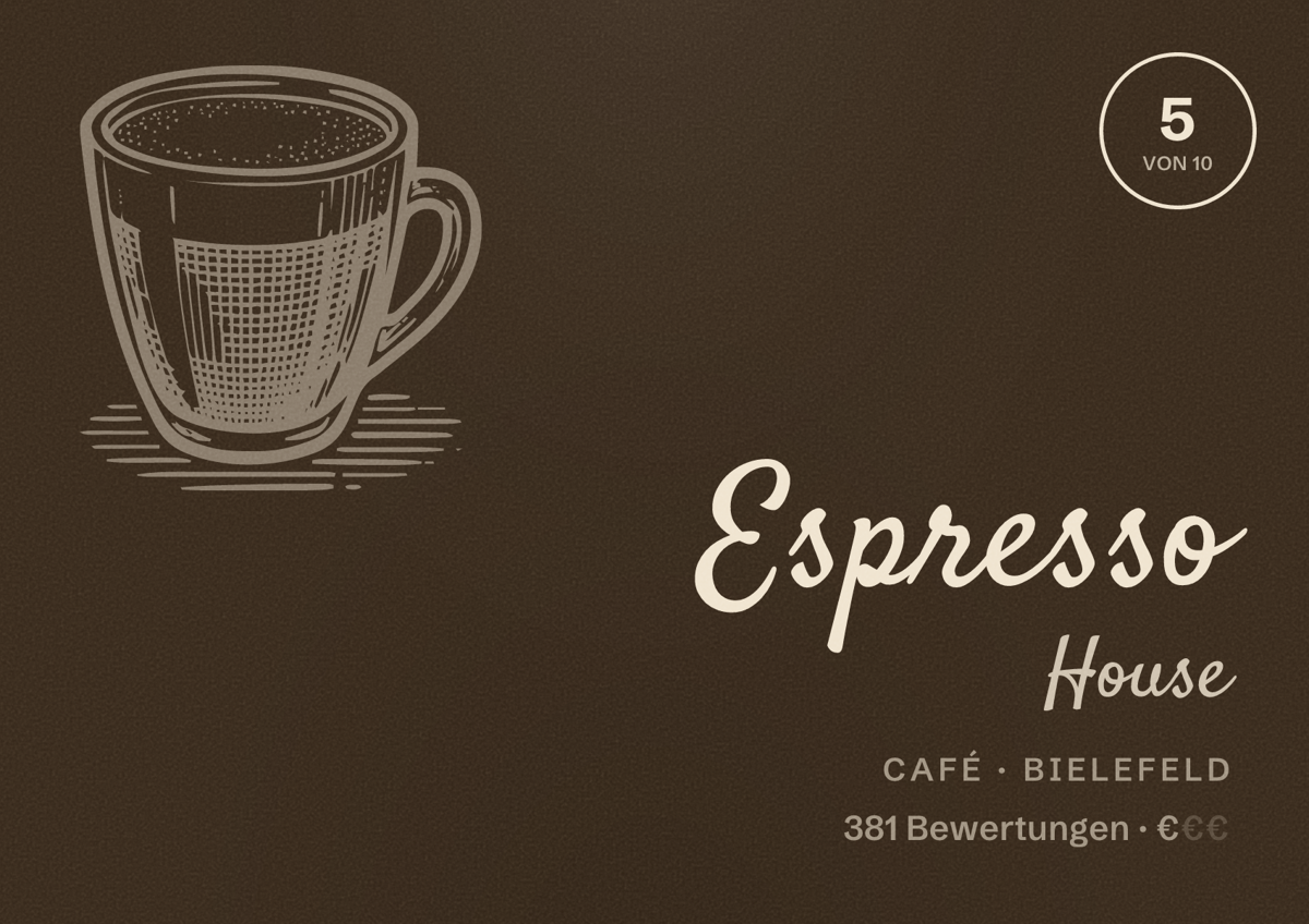 Illustriertes Poster von Espresso House, Café in Bielefeld: Bewertung 5 von 10 aus 381 Bewertungen, Preisniveau €