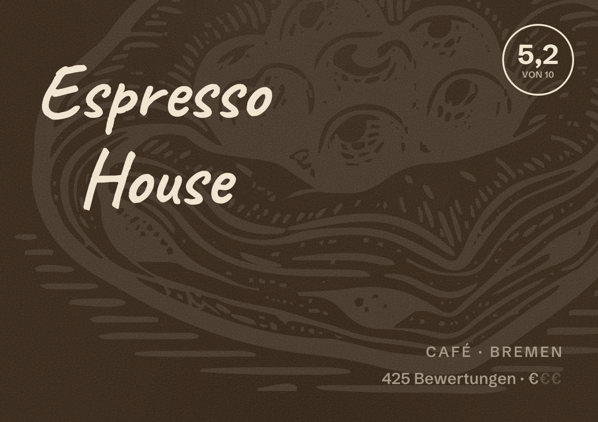 Illustriertes Poster von Espresso House, Café in Bremen: Bewertung 5,2 von 10 aus 425 Bewertungen, Preisniveau €