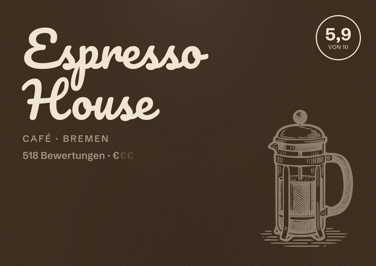 Illustriertes Poster von Espresso House, Café in Bremen: Bewertung 5,9 von 10 aus 518 Bewertungen, Preisniveau €