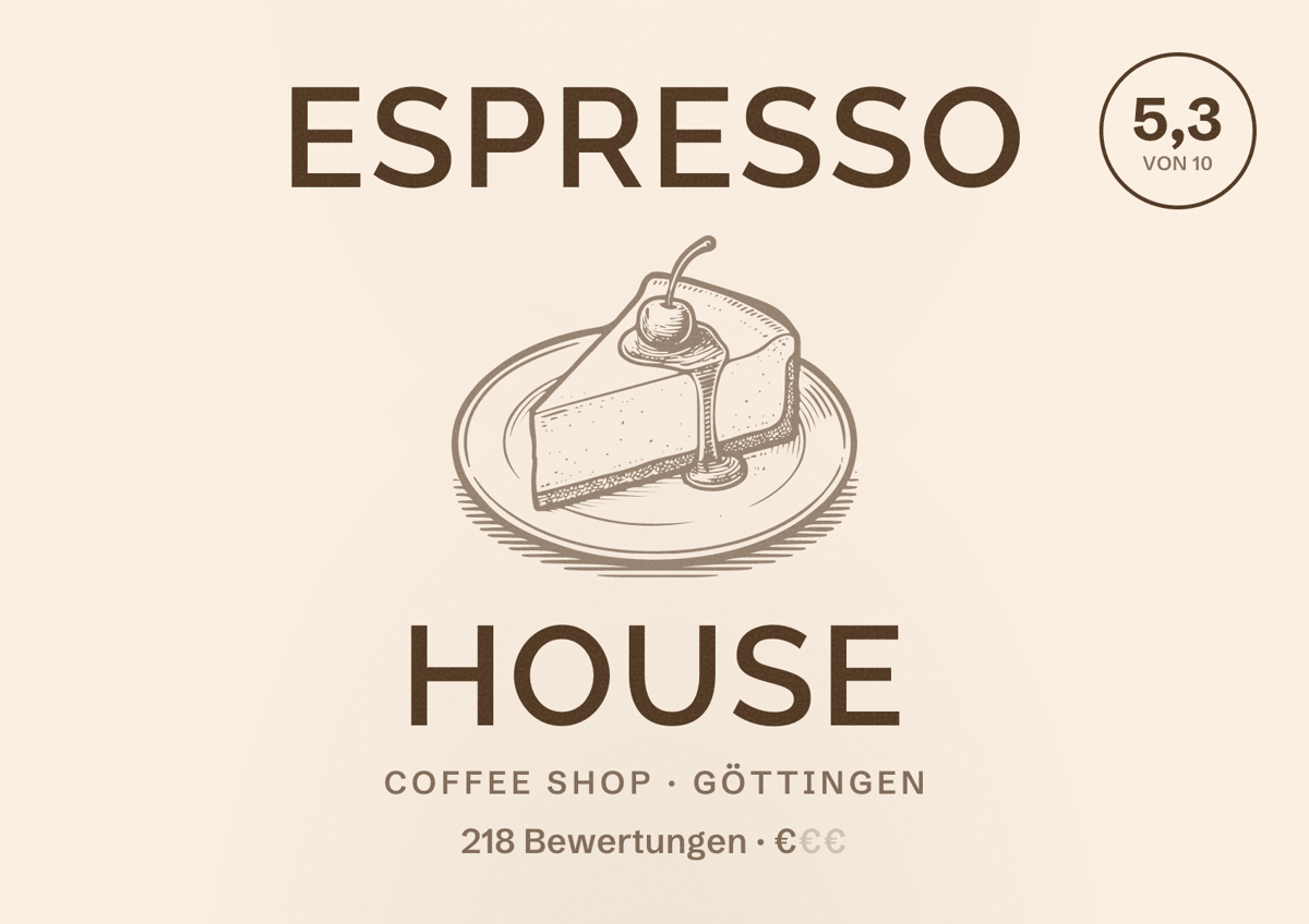 Illustriertes Poster von Espresso House, Coffee Shop in Göttingen: Bewertung 5,3 von 10 aus 218 Bewertungen, Preisniveau €