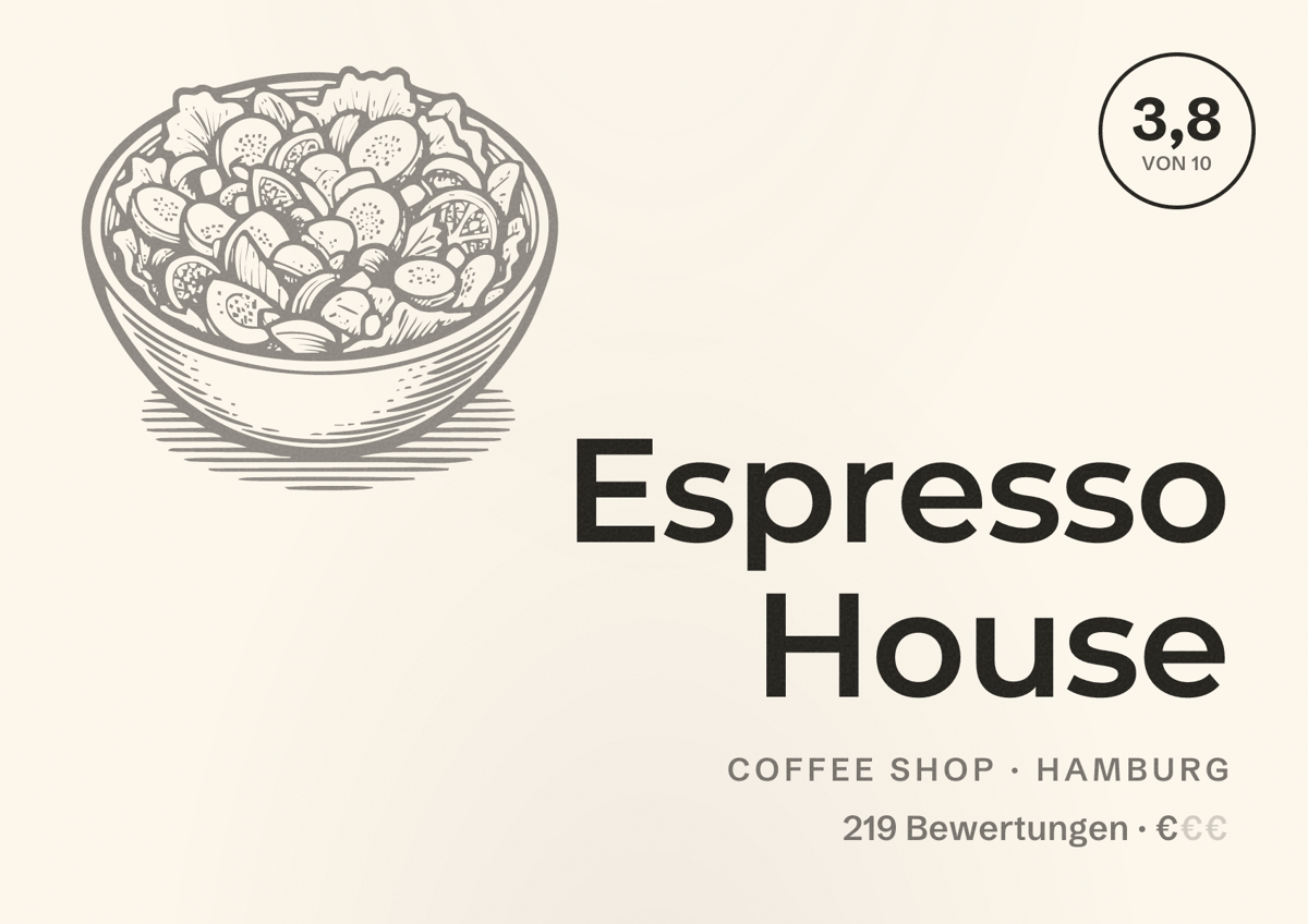 Illustriertes Poster von Espresso House, Coffee Shop in Hamburg: Bewertung 3,8 von 10 aus 219 Bewertungen, Preisniveau €