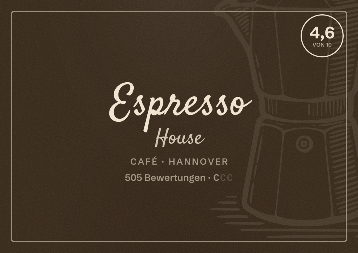 Illustriertes Poster von Espresso House, Café in Hannover: Bewertung 4,6 von 10 aus 505 Bewertungen, Preisniveau €