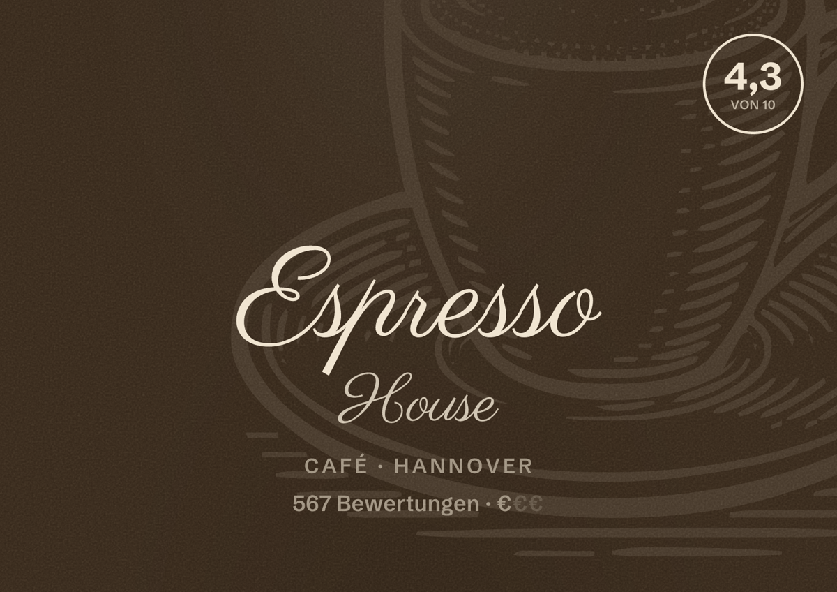 Illustriertes Poster von Espresso House, Café in Hannover: Bewertung 4,3 von 10 aus 567 Bewertungen, Preisniveau €