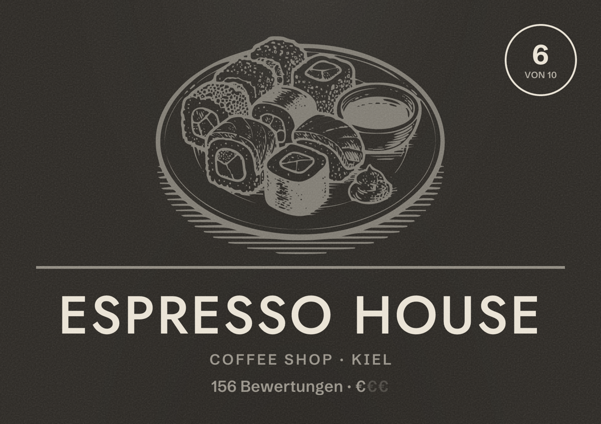 Illustriertes Poster von Espresso House, Coffee Shop in Kiel: Bewertung 6 von 10 aus 156 Bewertungen, Preisniveau €