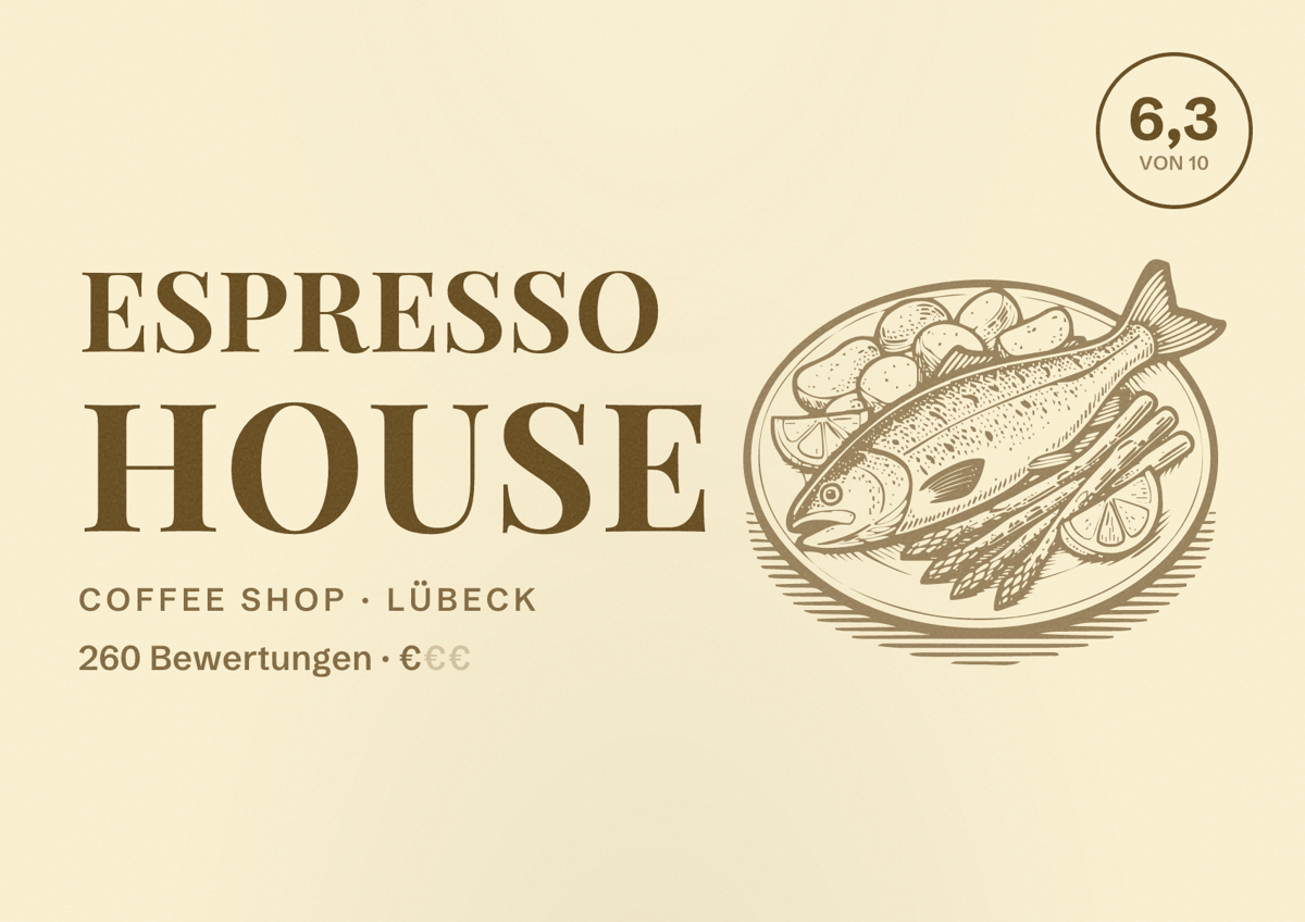 Illustriertes Poster von Espresso House, Coffee Shop in Lübeck: Bewertung 6,3 von 10 aus 260 Bewertungen, Preisniveau €
