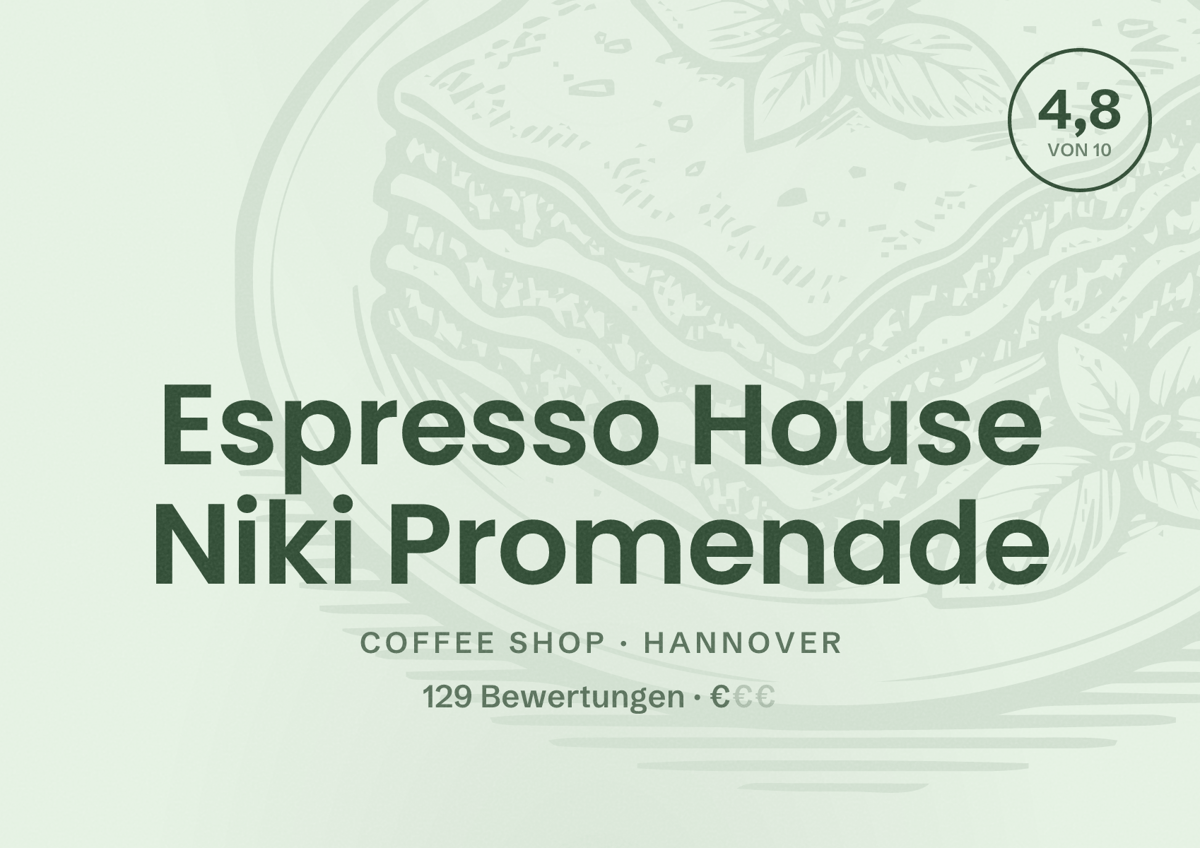 Illustriertes Poster von Espresso House Niki Promenade, Coffee Shop in Hannover: Bewertung 4,8 von 10 aus 129 Bewertungen, Preisniveau €