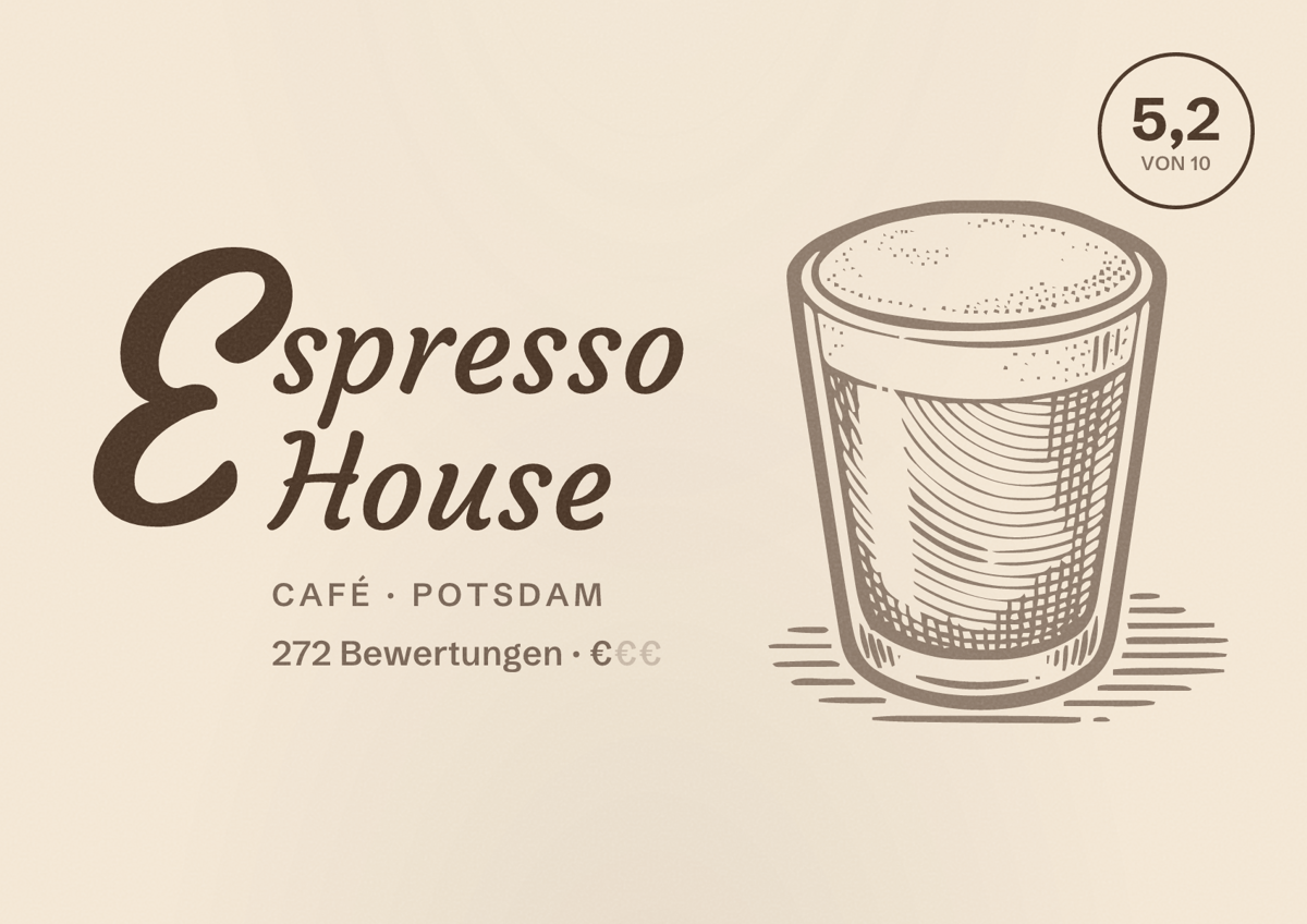 Illustriertes Poster von Espresso House, Café in Potsdam: Bewertung 5,2 von 10 aus 272 Bewertungen, Preisniveau €