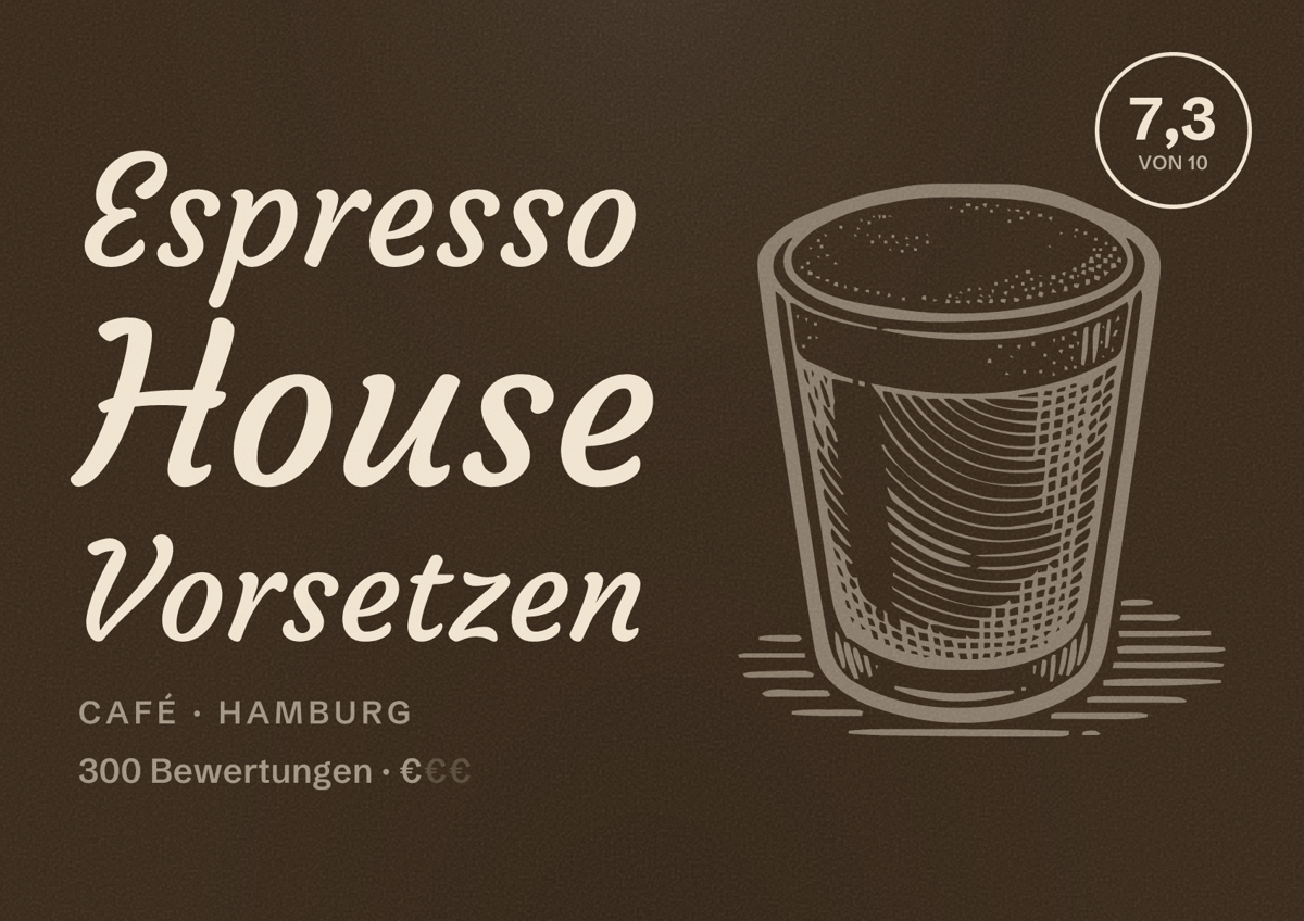Illustriertes Poster von Espresso House Vorsetzen, Café in Hamburg: Bewertung 7,3 von 10 aus 300 Bewertungen, Preisniveau €