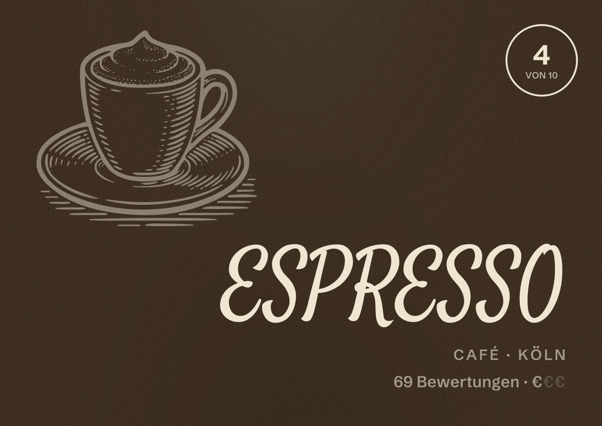 Illustriertes Poster von ESPRESSO, Café in Köln: Bewertung 4,0 von 10 aus 69 Bewertungen, Preisniveau €