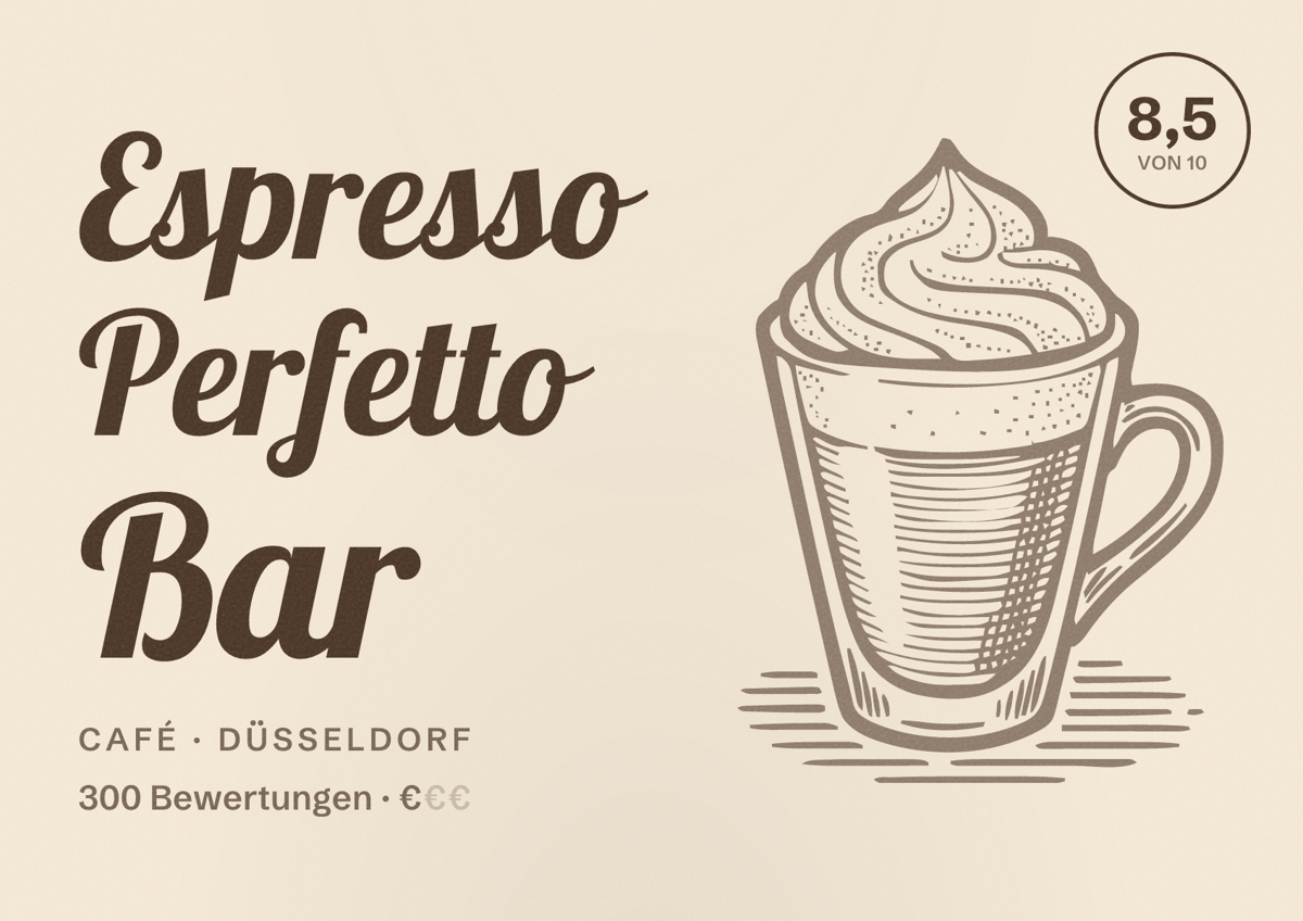 Illustriertes Poster von Espresso Perfetto Bar, Café in Düsseldorf: Bewertung 8,5 von 10 aus 300 Bewertungen, Preisniveau €