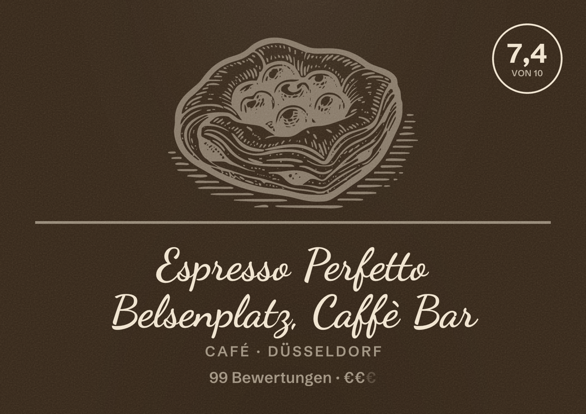 Illustriertes Poster von Espresso Perfetto Belsenplatz, Caffè Bar, Café in Düsseldorf: Bewertung 7,4 von 10 aus 99 Bewertungen, Preisniveau €€