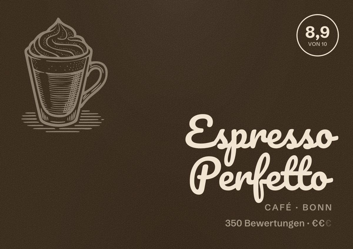 Illustriertes Poster von Espresso Perfetto, Café in Bonn: Bewertung 8,9 von 10 aus 350 Bewertungen, Preisniveau €€