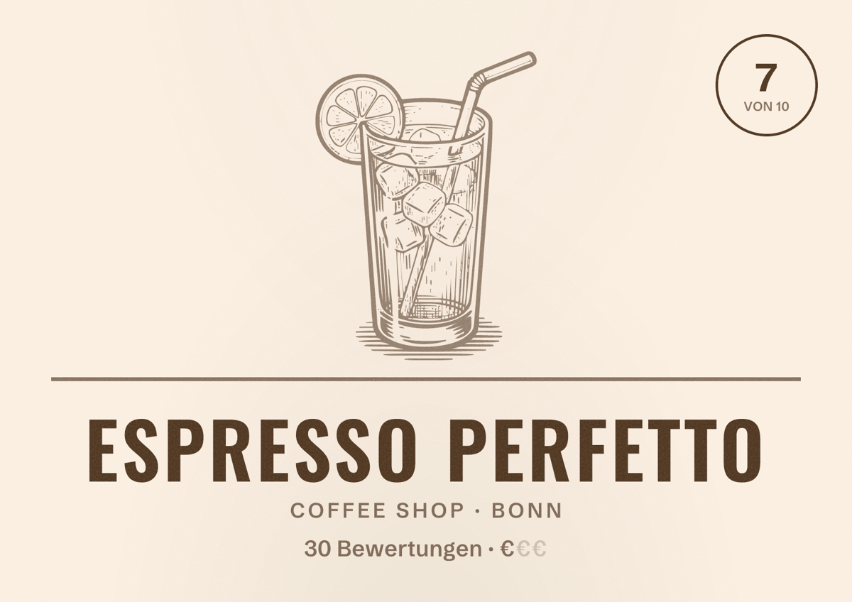 Illustriertes Poster von Espresso Perfetto, Coffee Shop in Bonn: Bewertung 7 von 10 aus 30 Bewertungen, Preisniveau €