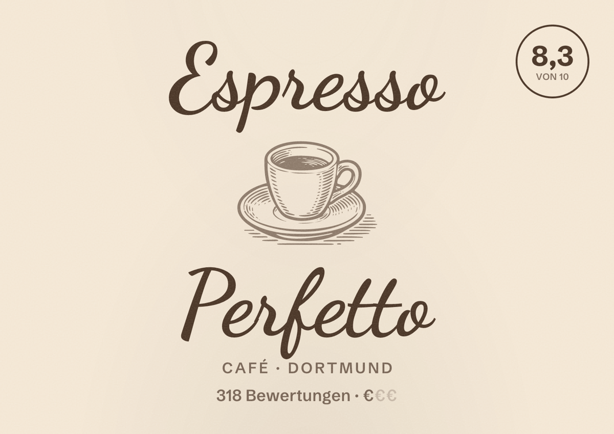 Illustriertes Poster von Espresso Perfetto, Café in Dortmund: Bewertung 8,3 von 10 aus 318 Bewertungen, Preisniveau €