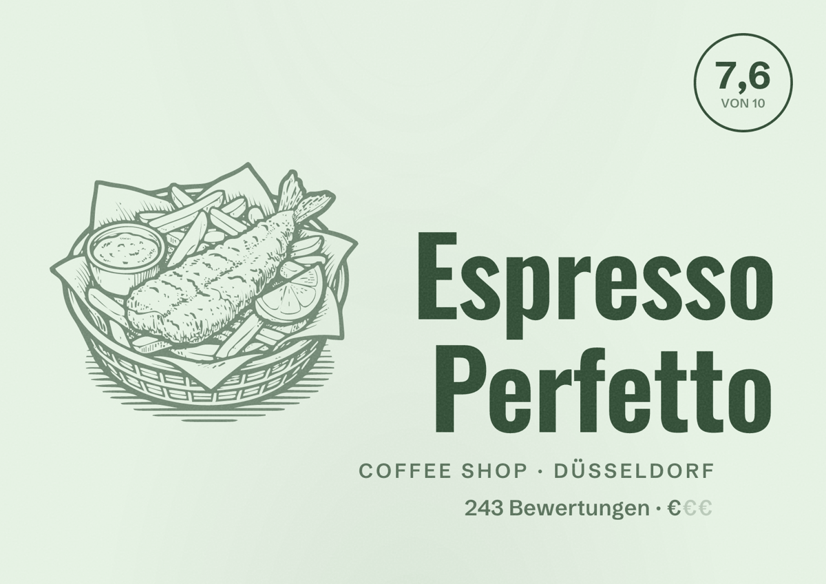 Illustriertes Poster von Espresso Perfetto, Coffee Shop in Düsseldorf: Bewertung 7,6 von 10 aus 243 Bewertungen, Preisniveau €