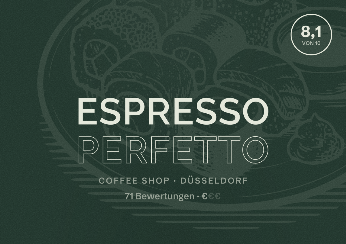 Illustriertes Poster von Espresso Perfetto, Coffee Shop in Düsseldorf: Bewertung 8,1 von 10 aus 71 Bewertungen, Preisniveau €