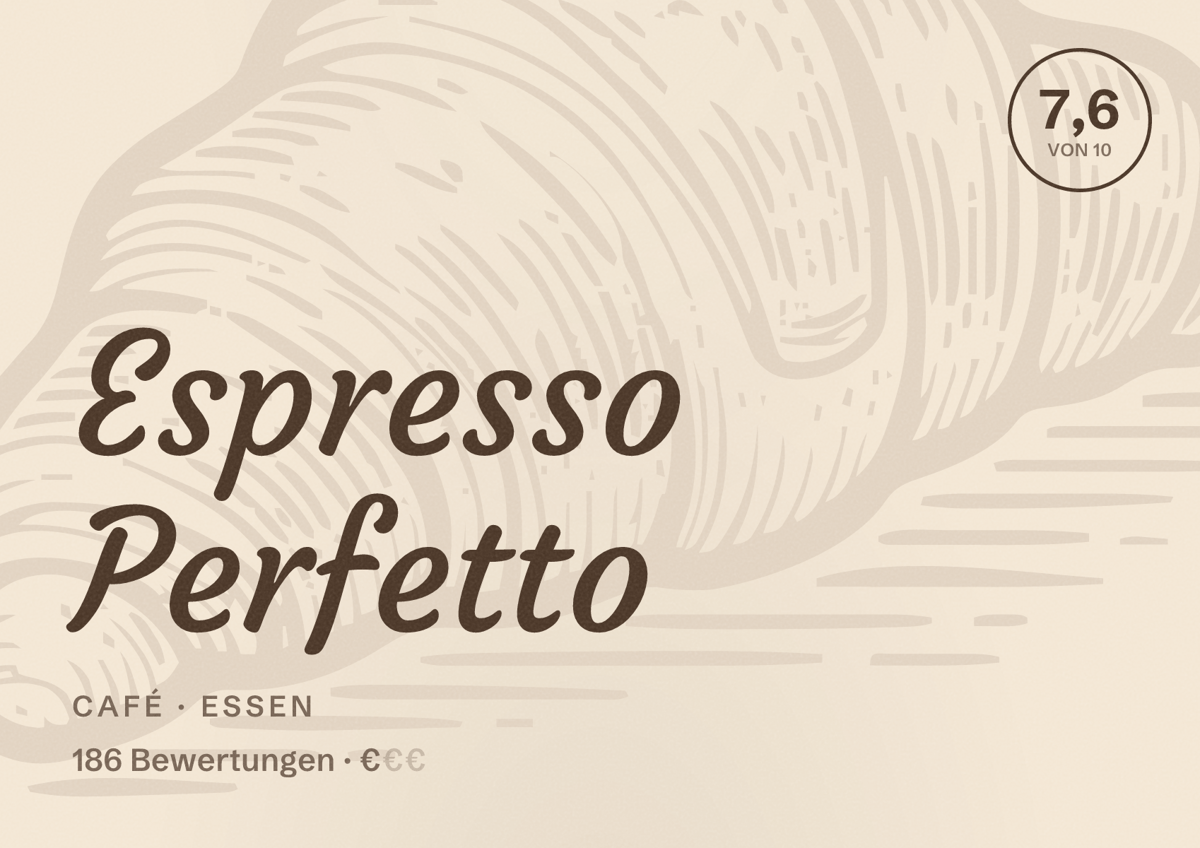 Illustriertes Poster von Espresso Perfetto, Café in Essen: Bewertung 7,6 von 10 aus 186 Bewertungen, Preisniveau €