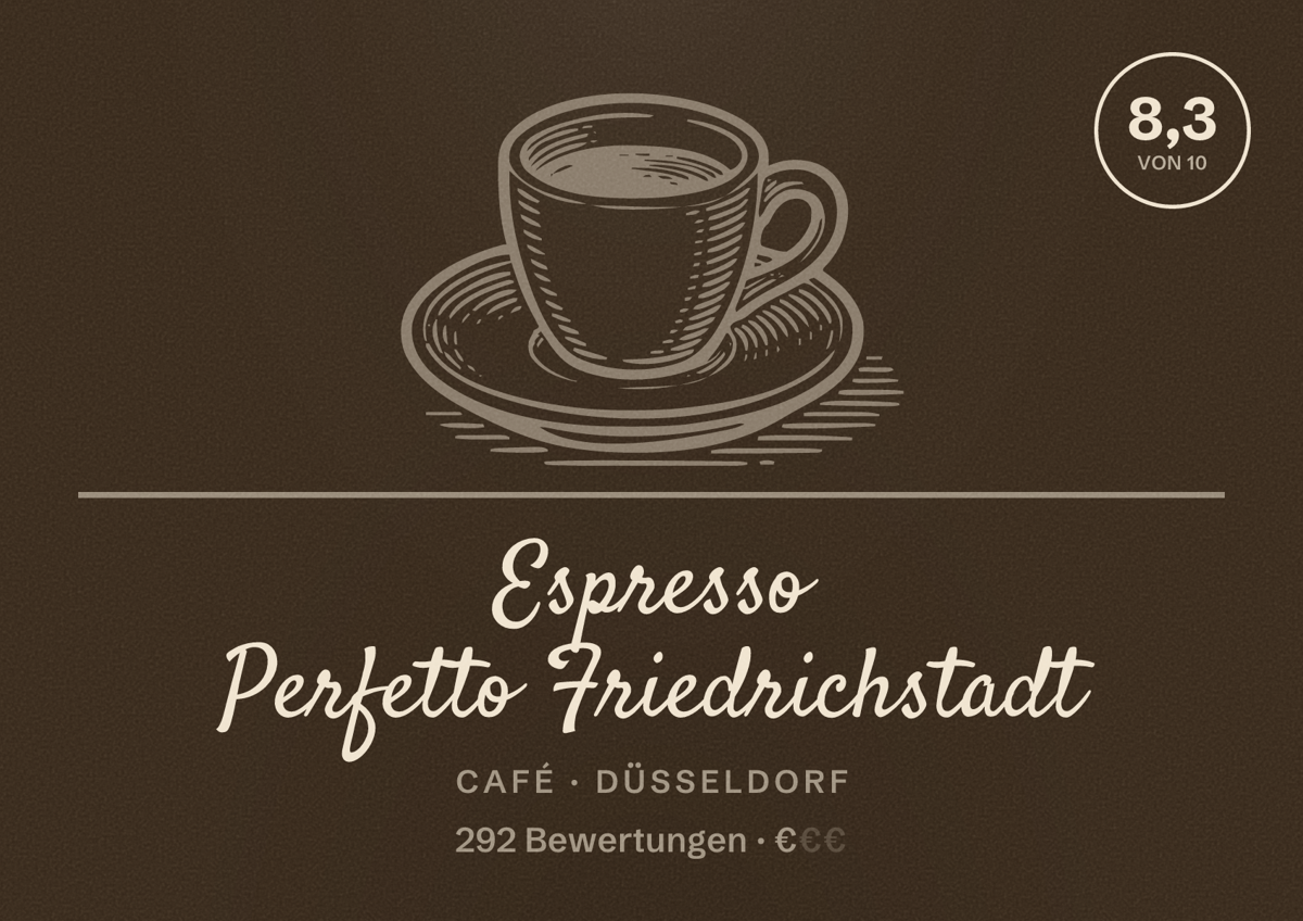 Illustriertes Poster von Espresso Perfetto Friedrichstadt, Café in Düsseldorf: Bewertung 8,3 von 10 aus 292 Bewertungen, Preisniveau €