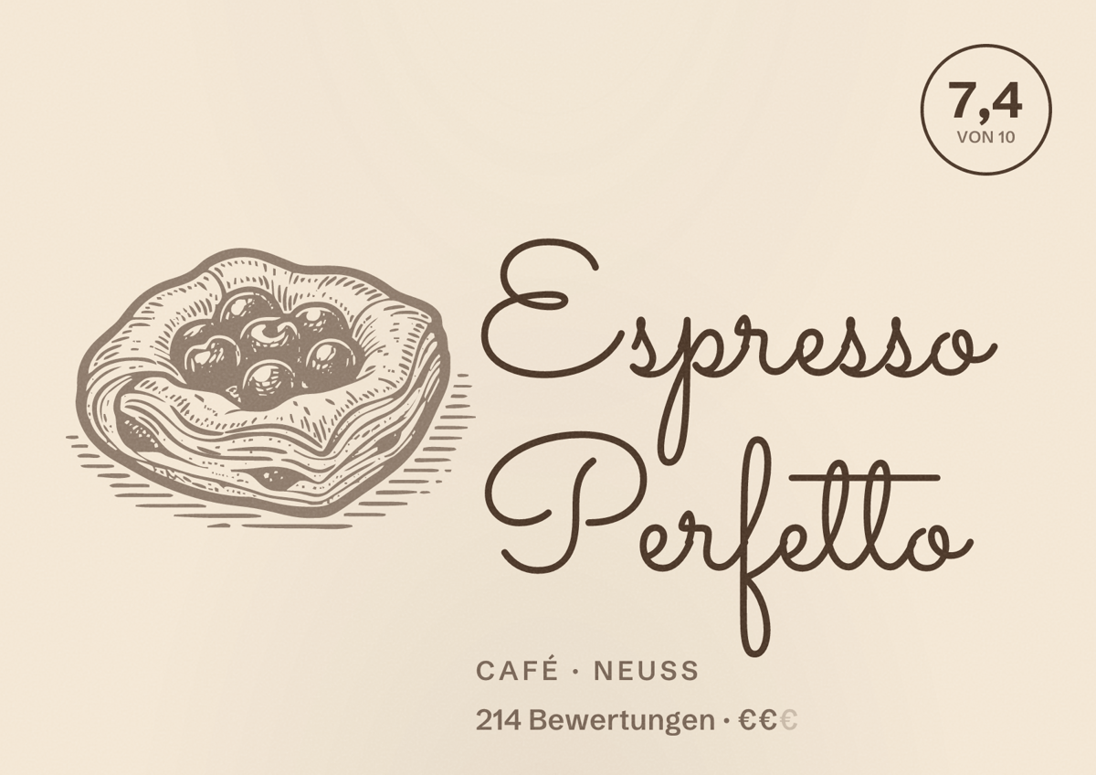 Illustriertes Poster von Espresso Perfetto, Café in Neuss: Bewertung 7,4 von 10 aus 214 Bewertungen, Preisniveau €€