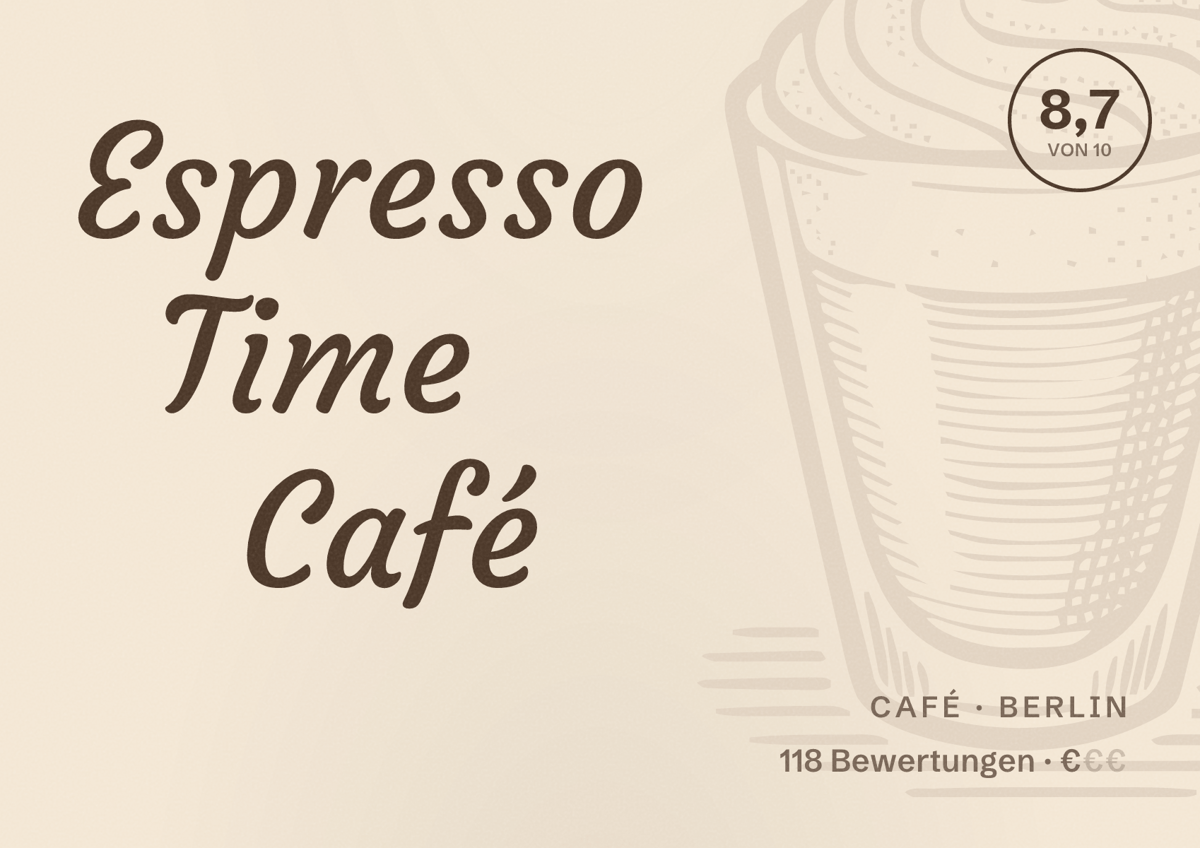 Illustriertes Poster von Espresso Time Café, Café in Berlin: Bewertung 8,7 von 10 aus 118 Bewertungen, Preisniveau €