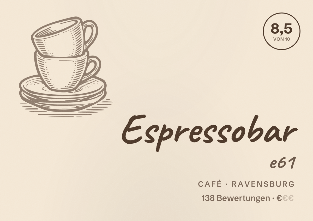 Illustriertes Poster von Espressobar e61, Café in Ravensburg: Bewertung 8,5 von 10 aus 138 Bewertungen, Preisniveau €