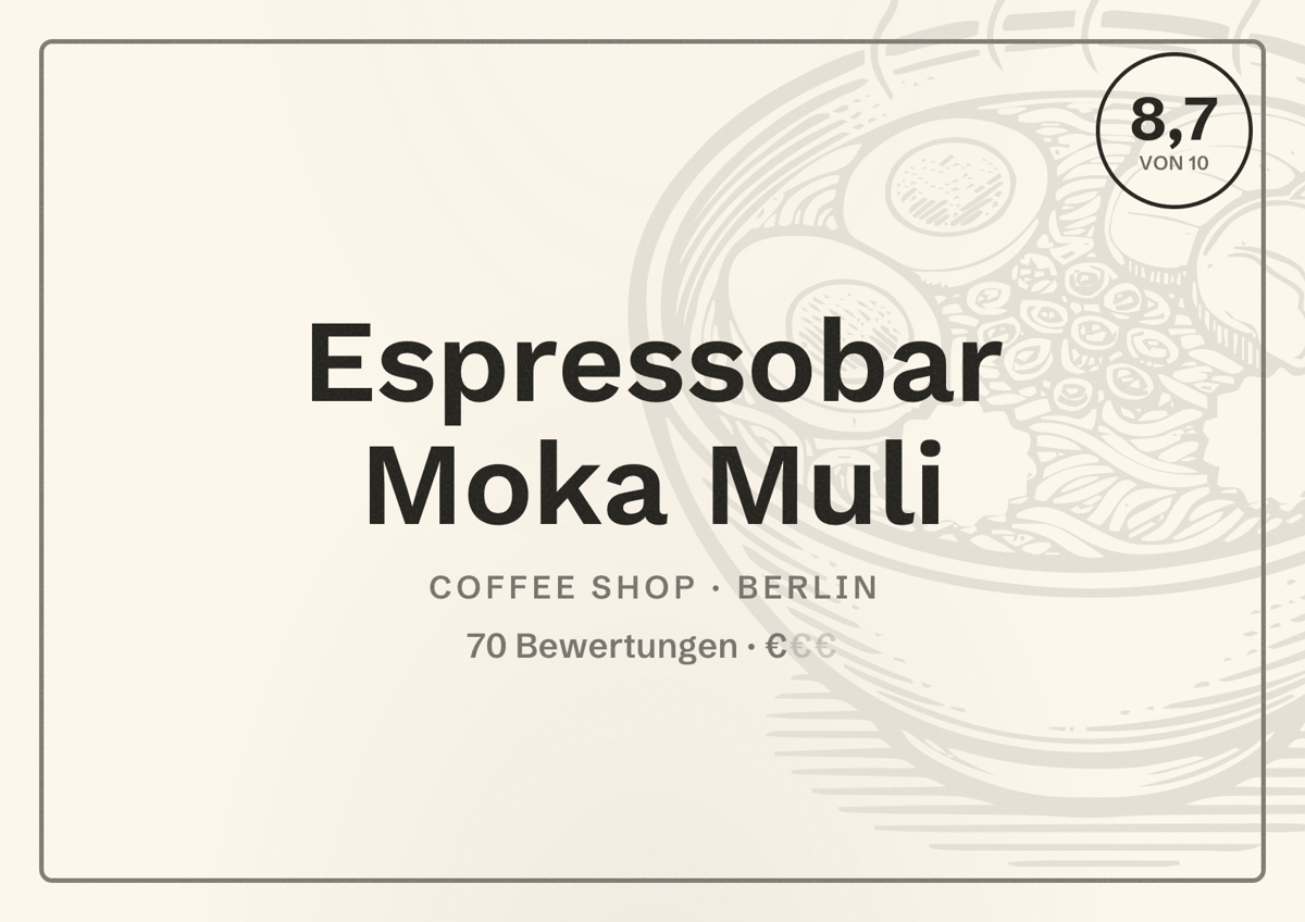 Illustriertes Poster von Espressobar Moka Muli, Coffee Shop in Berlin: Bewertung 8,7 von 10 aus 70 Bewertungen, Preisniveau €