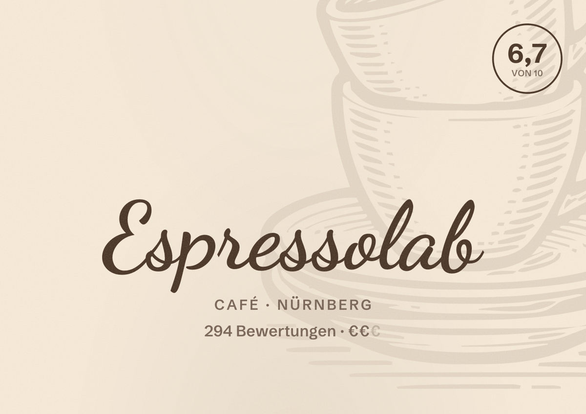 Illustriertes Poster von Espressolab, Café in Nürnberg: Bewertung 6,7 von 10 aus 294 Bewertungen, Preisniveau €€