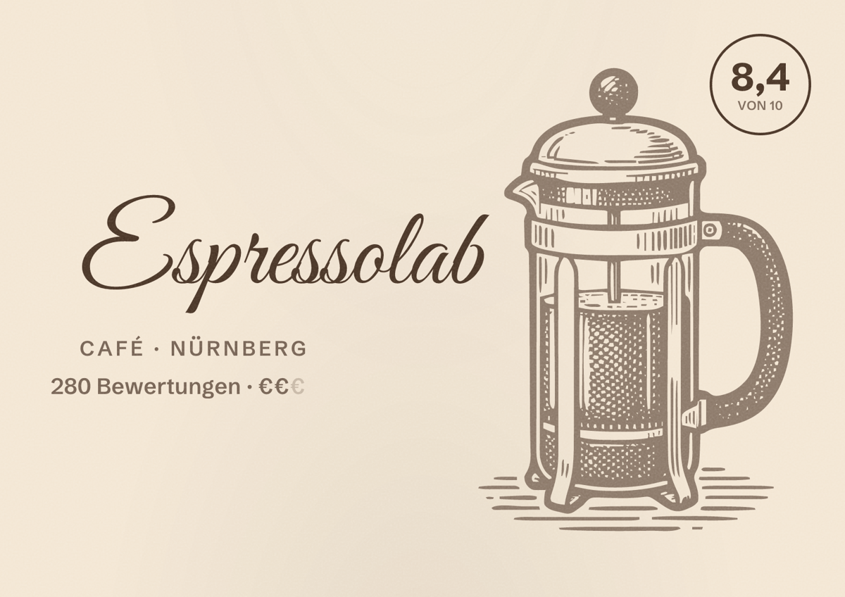 Illustriertes Poster von Espressolab, Café in Nürnberg: Bewertung 8,4 von 10 aus 280 Bewertungen, Preisniveau €€
