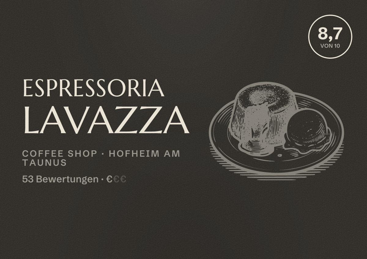 Illustriertes Poster von Espressoria Lavazza, Coffee Shop in Hofheim am Taunus: Bewertung 8,7 von 10 aus 53 Bewertungen, Preisniveau €
