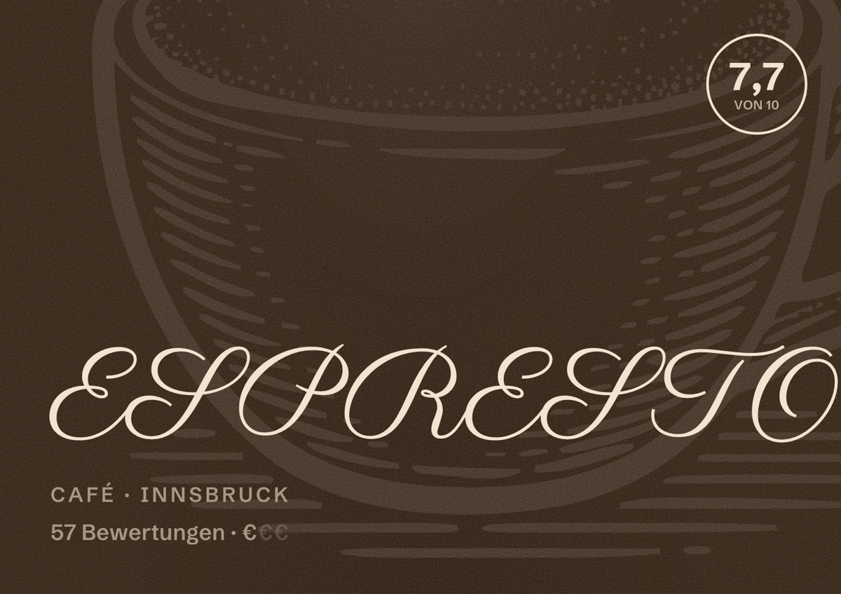 Illustriertes Poster von ESPRESTO, Café in Innsbruck: Bewertung 7,7 von 10 aus 57 Bewertungen, Preisniveau €