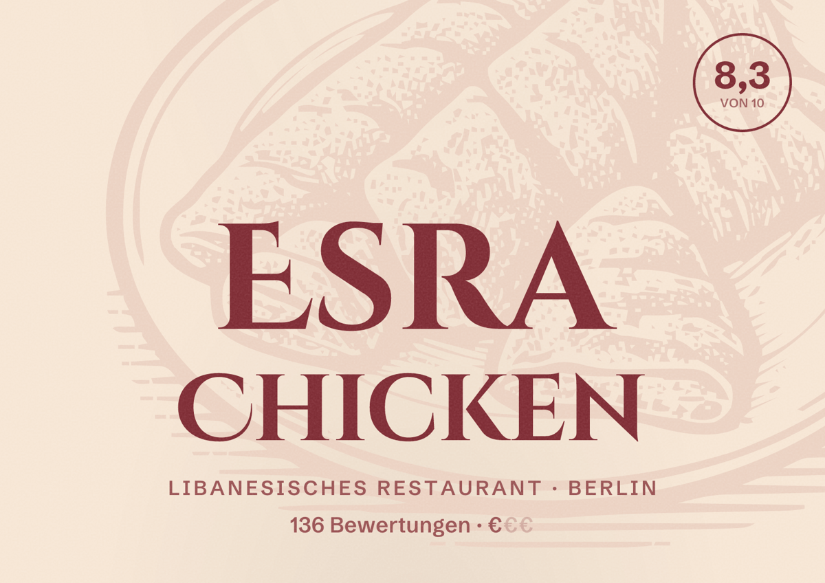 Illustriertes Poster von Esra Chicken, Libanesisches Restaurant in Berlin: Bewertung 8,3 von 10 aus 136 Bewertungen, Preisniveau €