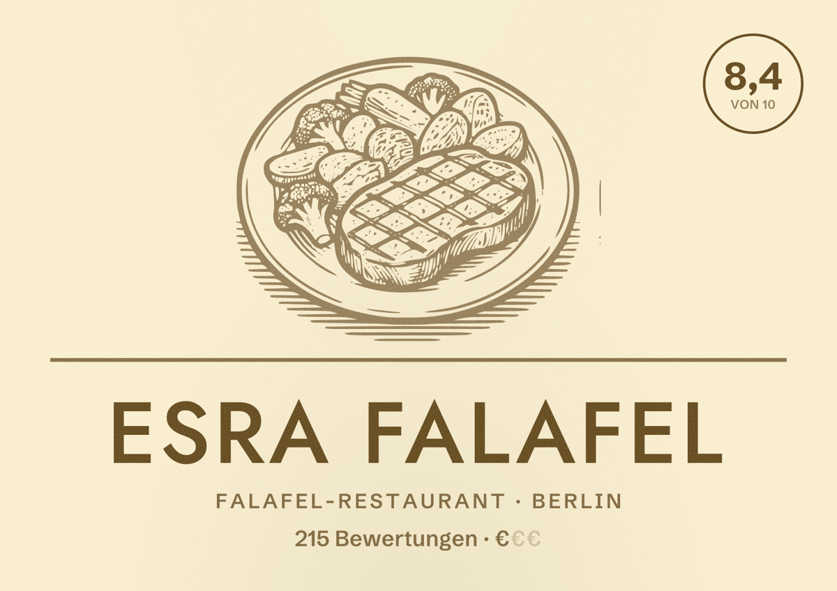 Illustriertes Poster von Esra Falafel, Falafel-Restaurant in Berlin: Bewertung 8,4 von 10 aus 215 Bewertungen, Preisniveau €