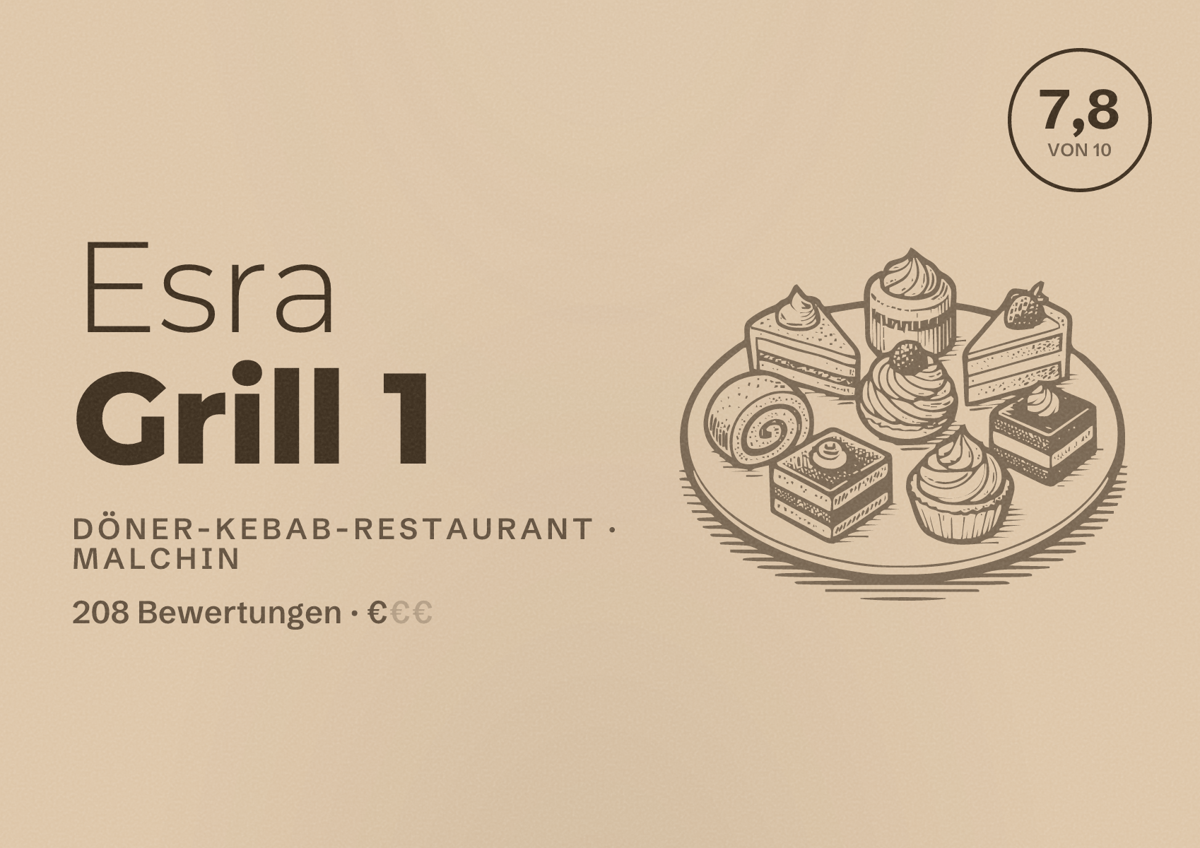 Illustriertes Poster von Esra Grill 1, Döner-Kebab-Restaurant in Malchin: Bewertung 7,8 von 10 aus 208 Bewertungen, Preisniveau €