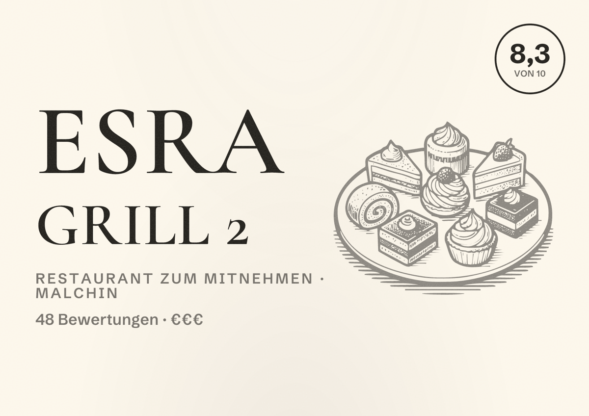 Illustriertes Poster von Esra Grill 2, Restaurant zum Mitnehmen in Malchin: Bewertung 8,3 von 10 aus 48 Bewertungen, Preisniveau €€€