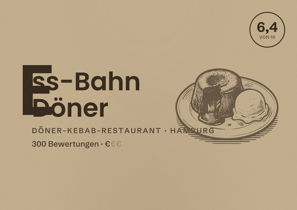 Illustriertes Poster von Ess-Bahn Döner, Döner-Kebab-Restaurant in Hamburg: Bewertung 6,4 von 10 aus 300 Bewertungen, Preisniveau €