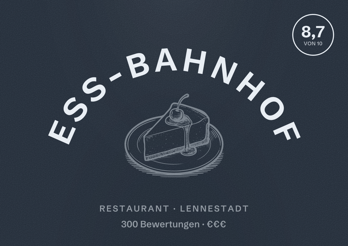 Illustriertes Poster von ess-Bahnhof, Restaurant in Lennestadt: Bewertung 8,7 von 10 aus 300 Bewertungen, Preisniveau €€€