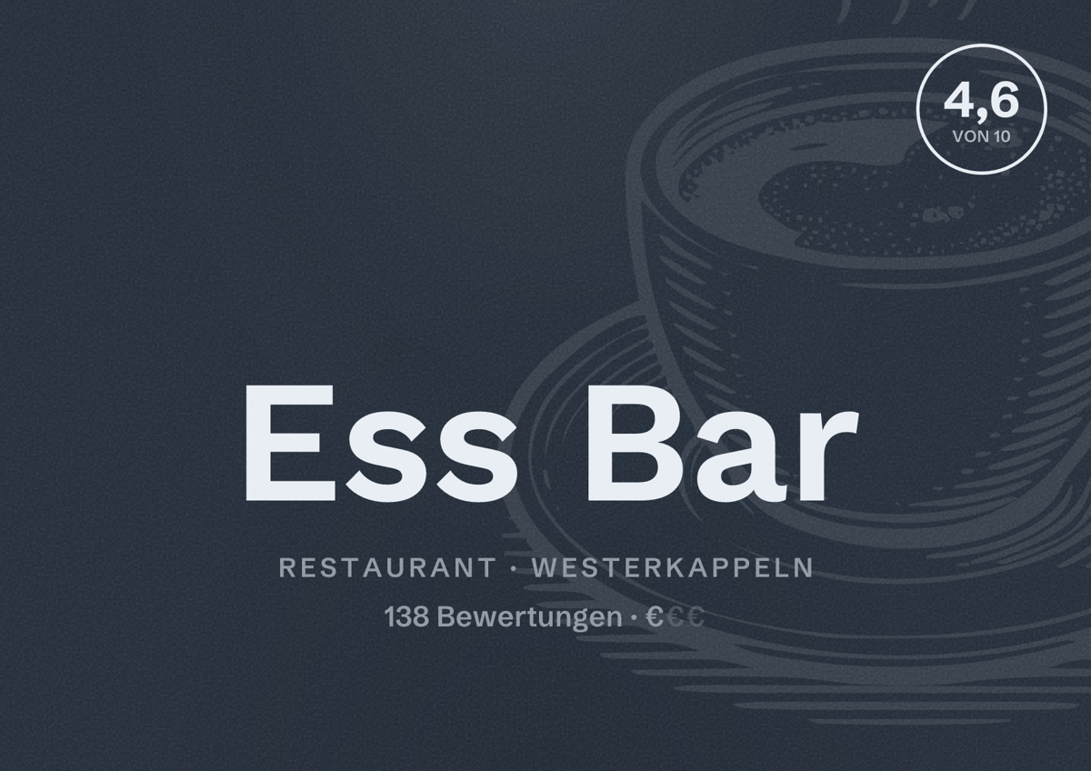 Illustriertes Poster von Ess Bar, Restaurant in Westerkappeln: Bewertung 4,6 von 10 aus 138 Bewertungen, Preisniveau €