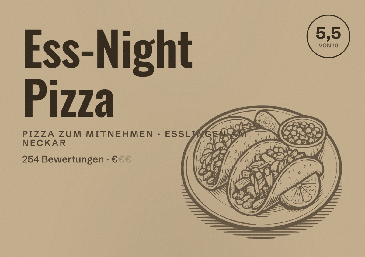 Illustriertes Poster von Ess-Night Pizza, Pizza zum Mitnehmen in Esslingen am Neckar: Bewertung 5,5 von 10 aus 254 Bewertungen, Preisniveau €