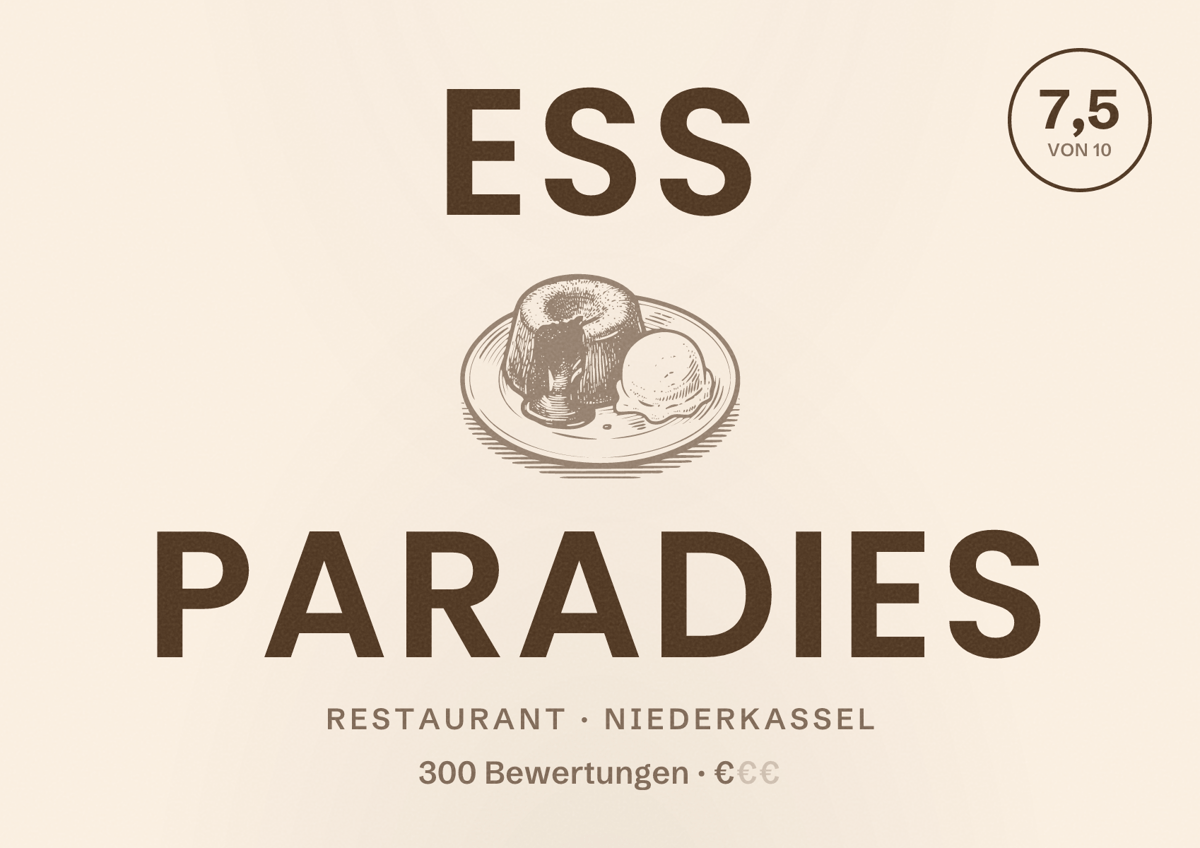 Illustriertes Poster von Ess Paradies, Restaurant in Niederkassel: Bewertung 7,5 von 10 aus 300 Bewertungen, Preisniveau €